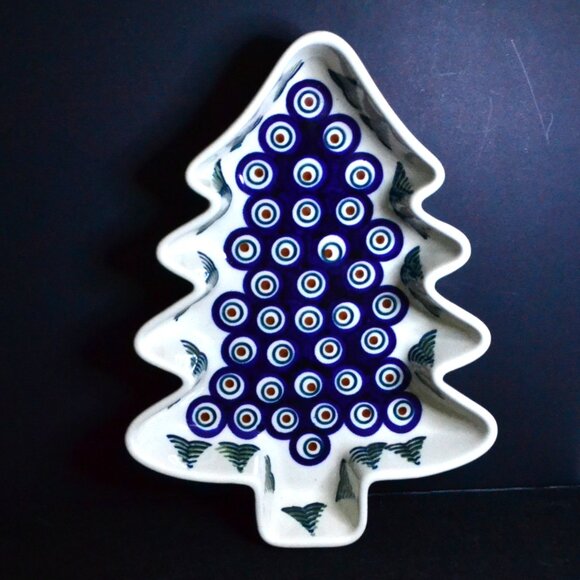Authentic Boleslawiec Christmas Tree Design Dish Blue Peacock Eye Artisan Named - Picture 1 of 10